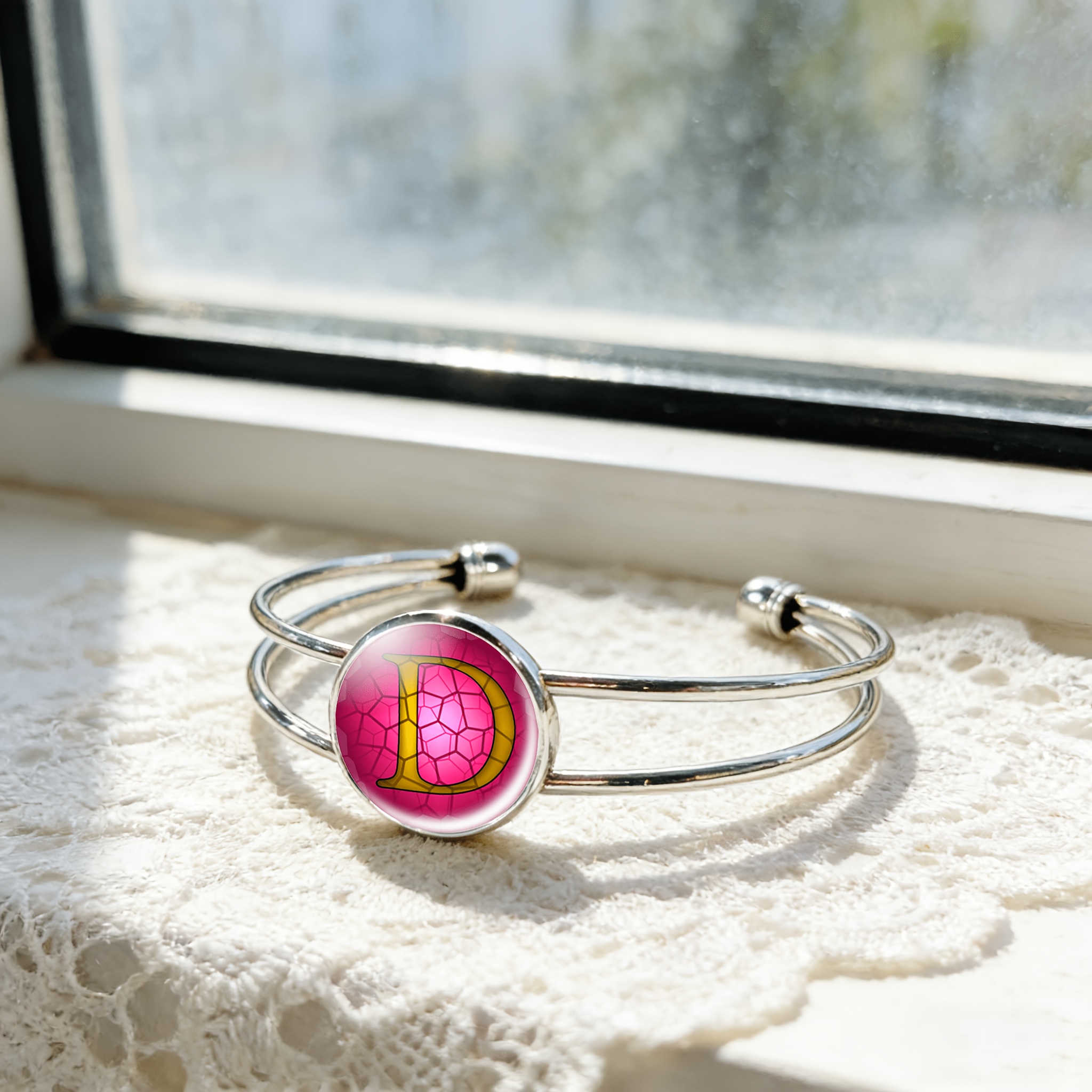 Adjustable Open Bangle with Pink Gemstone Inlay